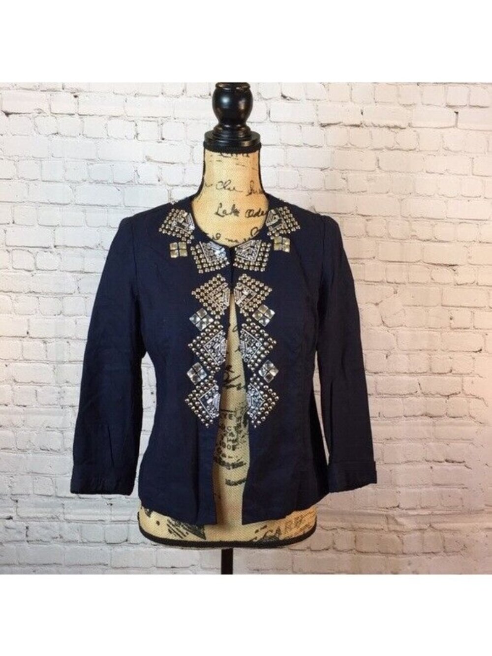 Chicos Navy Embellished Open Front Jacket 3/4 Sleeves Linen Blend Medium